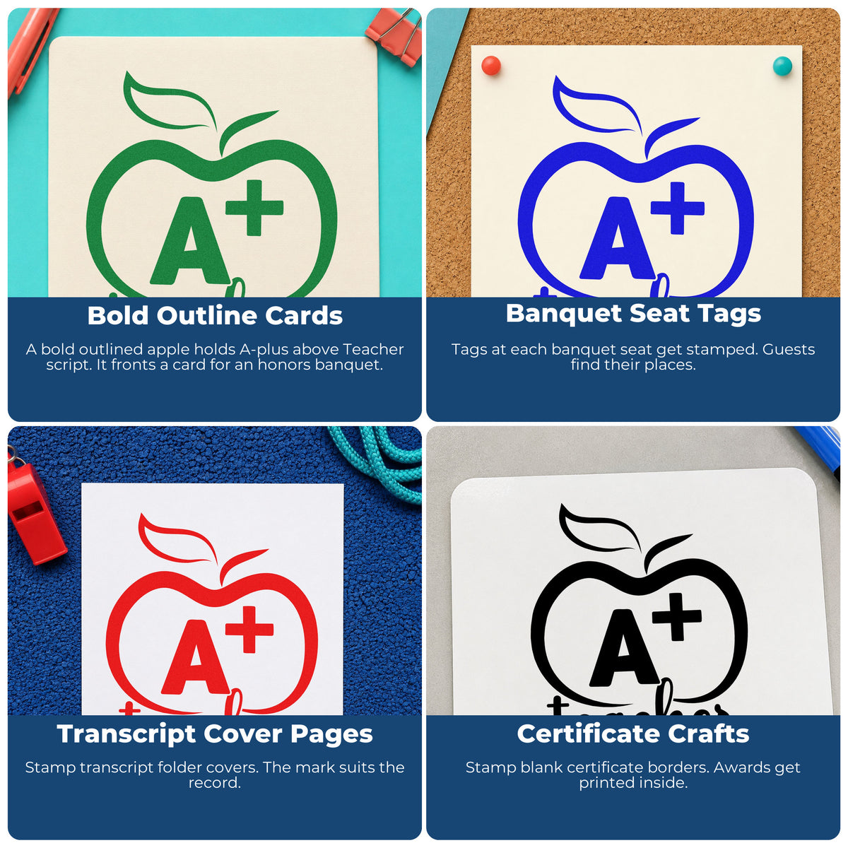 Four ways to use the A Plus Teacher Outline Apple Slim Pre-Inked Stamp: bold outline cards, banquet seat tags, transcript cover pages and certificate crafts.