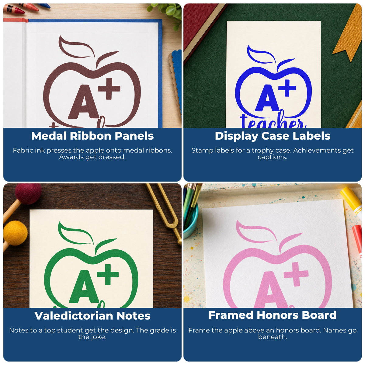 Four ways to use the A Plus Teacher Outline Apple Slim Pre-Inked Stamp: medal ribbon panels, display case labels, valedictorian notes and framed honors board.