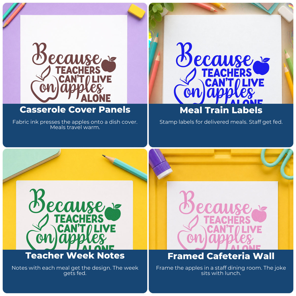 Four ways to use the Teachers Can't Live On Apples Hand Stamp – Duo: casserole cover panels, meal train labels, teacher week notes and framed cafeteria wall.