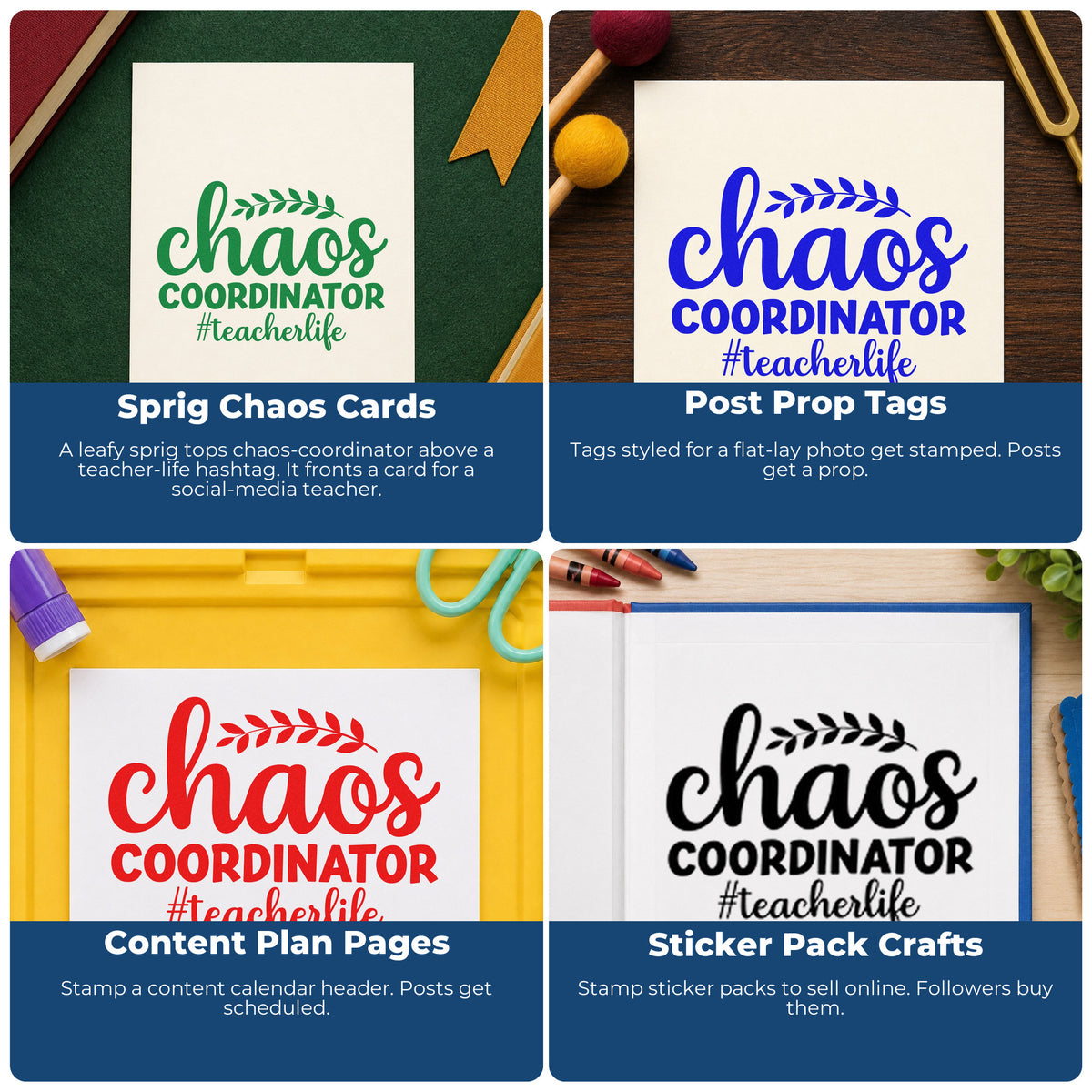 Four ways to use the Chaos Coordinator Teacher Life Botanical Sprig Craft Stamp – Self-Inking: sprig chaos cards, post prop tags, content plan pages and sticker pack crafts.