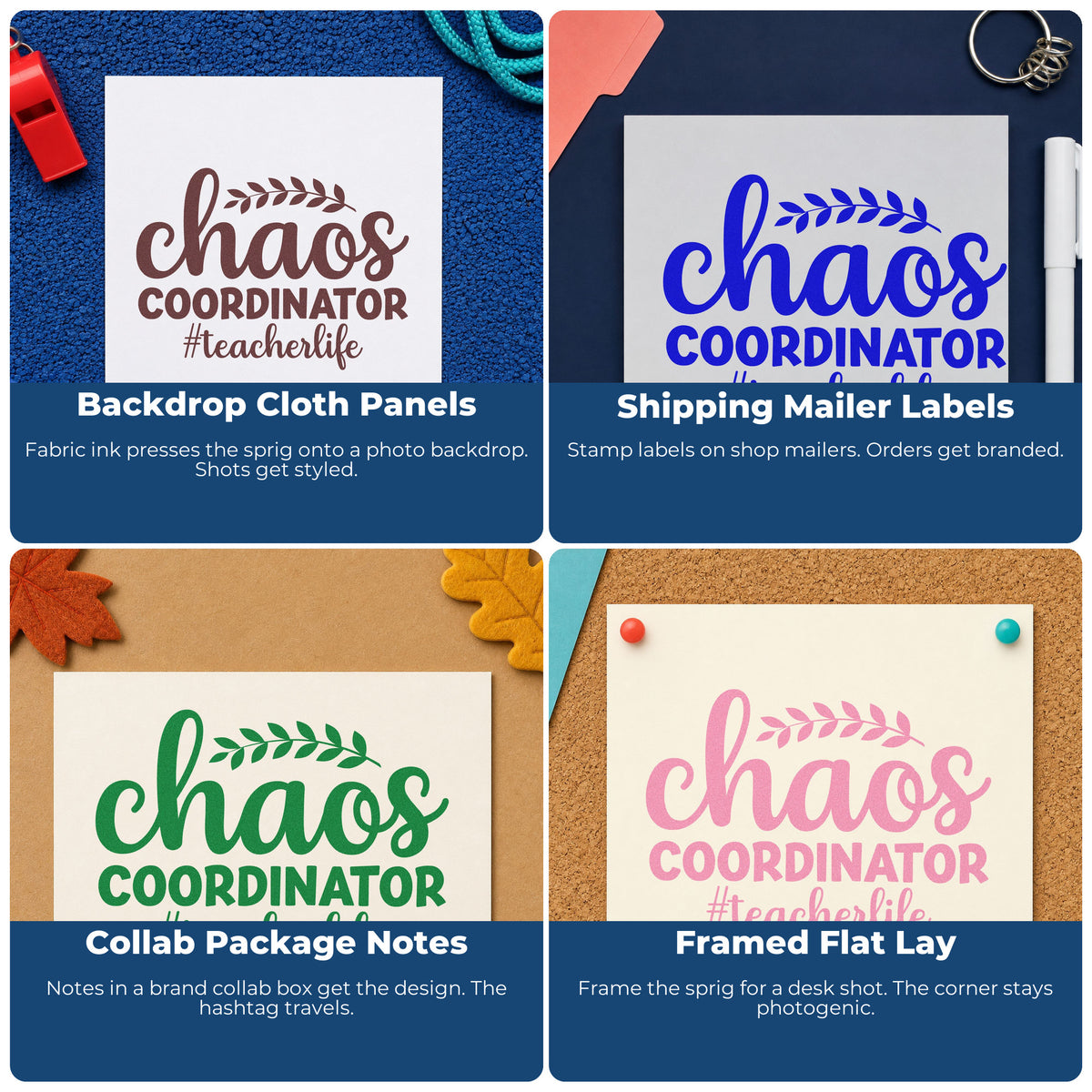 Four ways to use the Chaos Coordinator Teacher Life Botanical Sprig Hand Stamp – Duo: backdrop cloth panels, shipping mailer labels, collab package notes and framed flat lay.