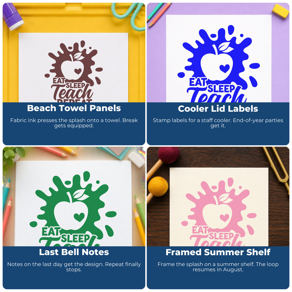 Four ways to use the Slim Pre-Inked Eat Sleep Teach Repeat Splash Stamp: beach towel panels, cooler lid labels, last bell notes and framed summer shelf.