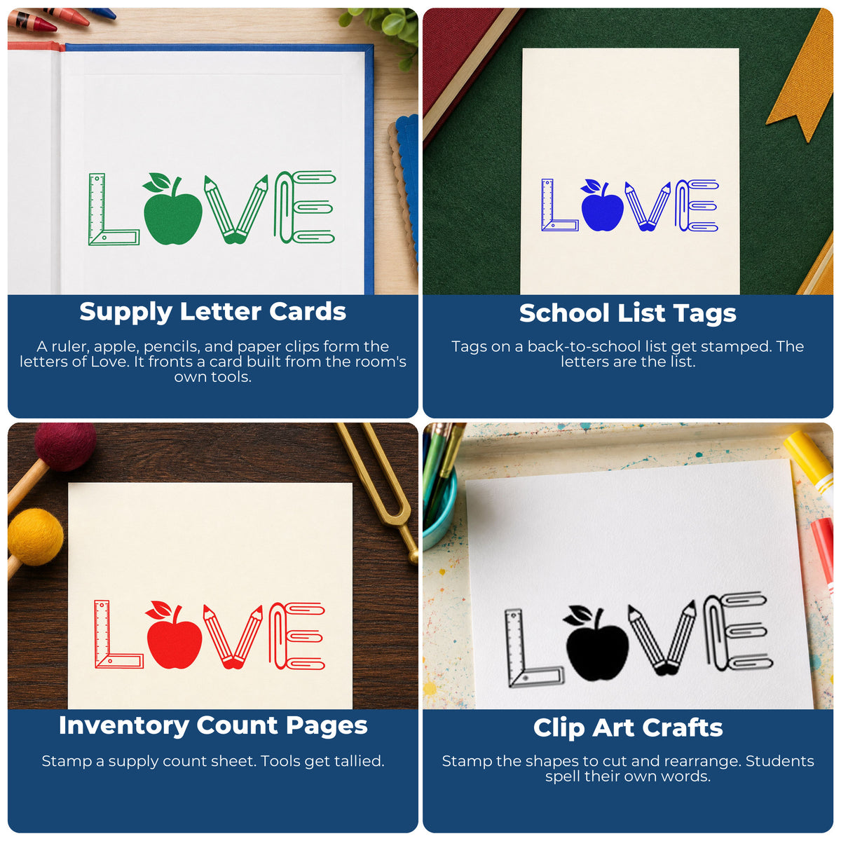 Four ways to use the Love School Supplies Rubber Stamp – Wood Handle: supply letter cards, school list tags, inventory count pages and clip art crafts.