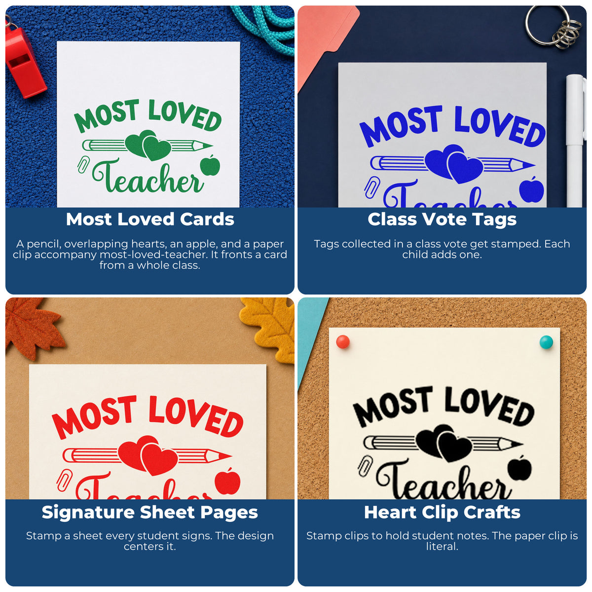 Four ways to use the Most Loved Teacher Apple Stamp – Self-Inking: most loved cards, class vote tags, signature sheet pages and heart clip crafts.