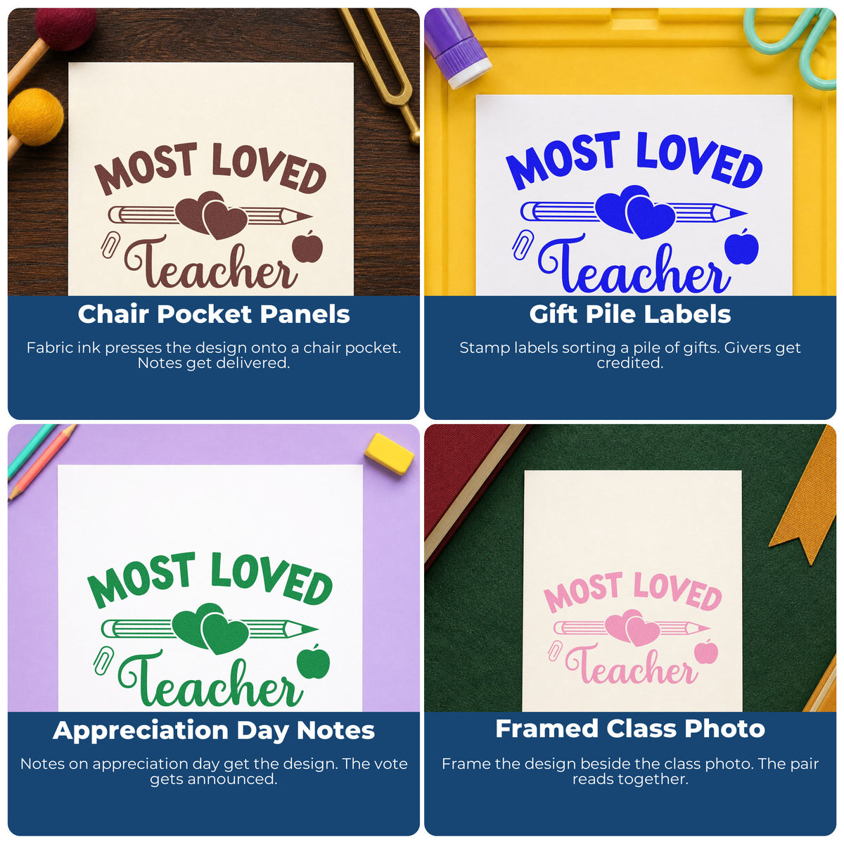 Four ways to use the Most Loved Teacher Apple Stamp – Slim Pre-Inked: chair pocket panels, gift pile labels, appreciation day notes and framed class photo.