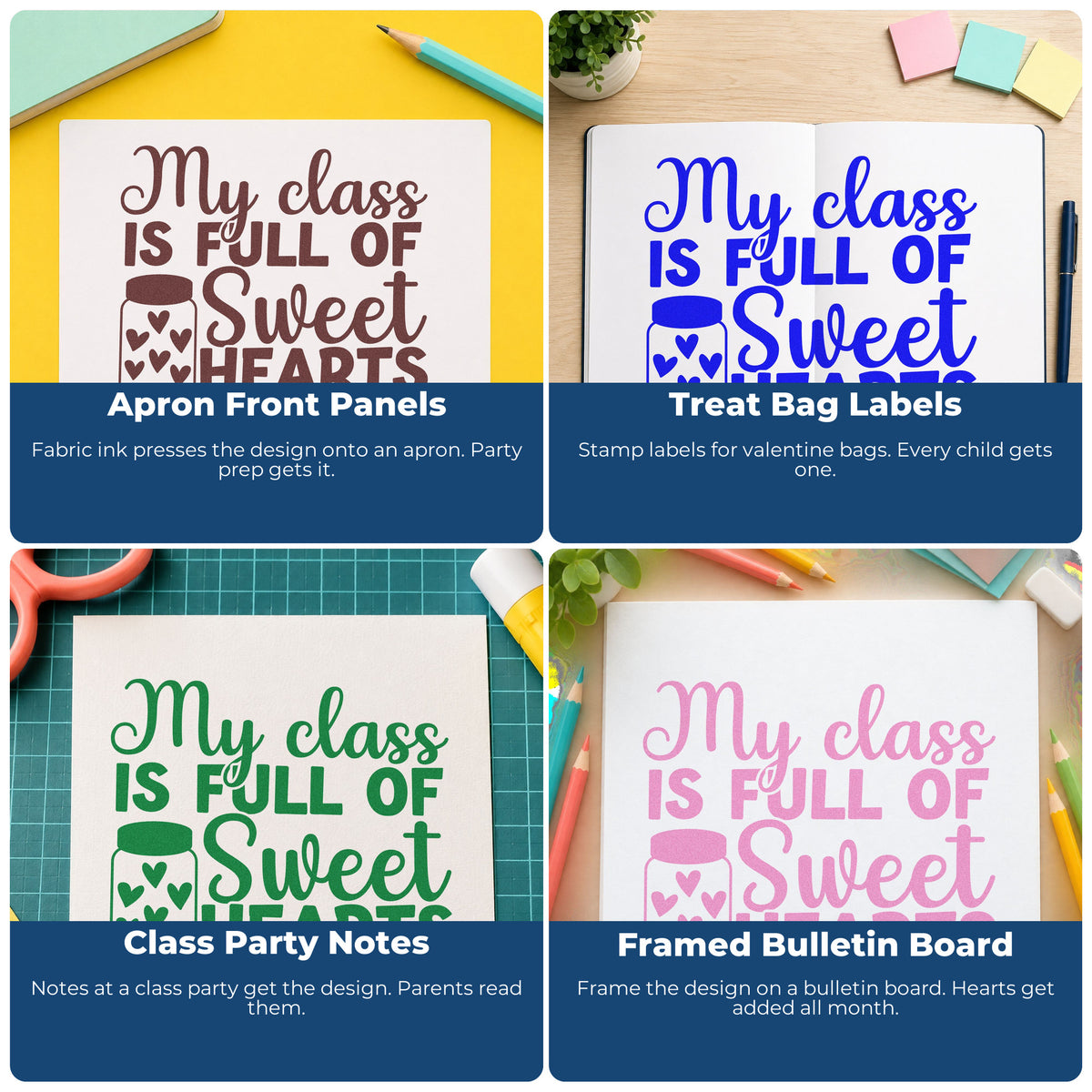Four ways to use the Sweethearts In My Class Heart Jar Self-Inking Stamp: apron front panels, treat bag labels, class party notes and framed bulletin board.