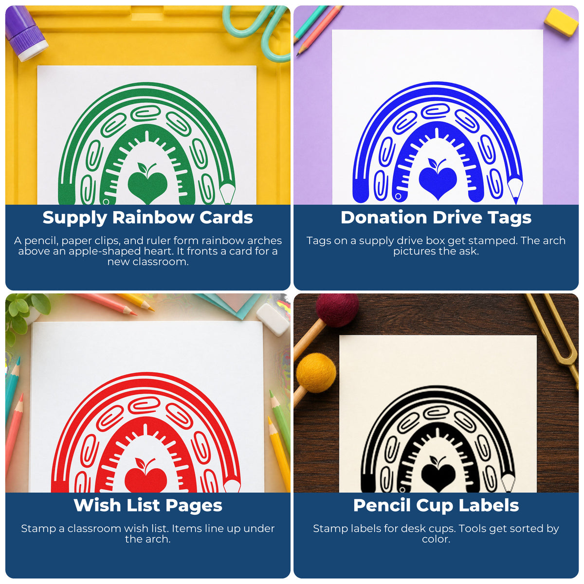 Four ways to use the School Supply Rainbow Premium Wood-Mounted Stamp - Vintage Pro: supply rainbow cards, donation drive tags, wish list pages and pencil cup labels.