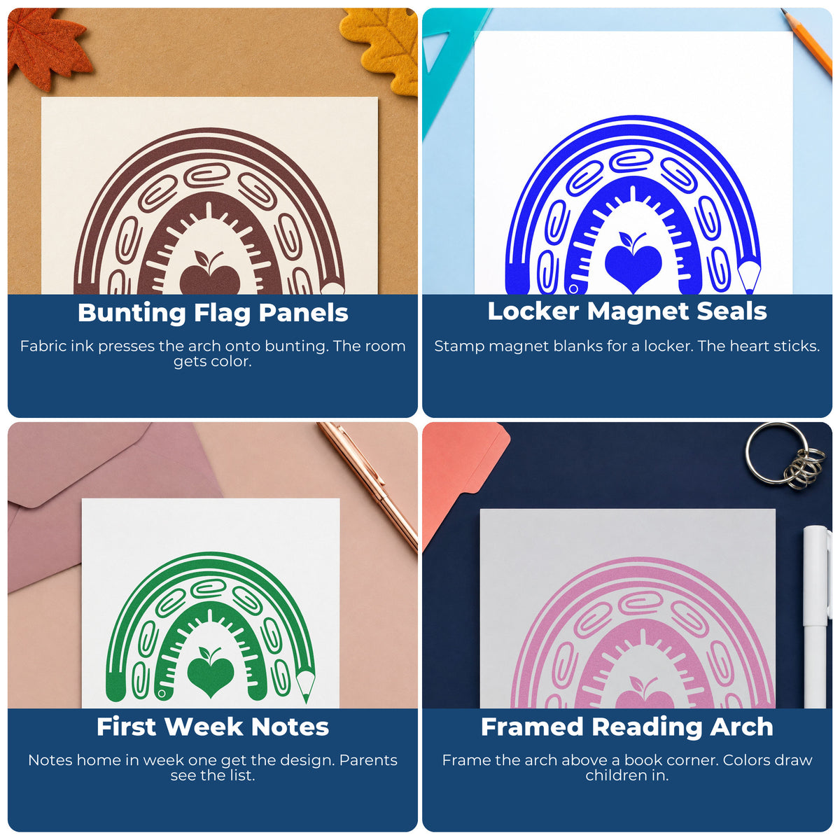 Four ways to use the School Supply Rainbow Premium Wood-Mounted Stamp - Vintage Pro: bunting flag panels, locker magnet seals, first week notes and framed reading arch.