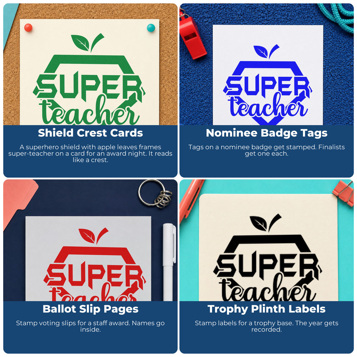 Four ways to use the Super Teacher Shield Self-Inking Craft Stamp: shield crest cards, nominee badge tags, ballot slip pages and trophy plinth labels.