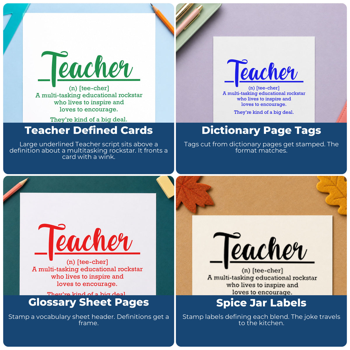 Four ways to use the Teacher Definition Script Lettering Self-Inking Stamp: teacher defined cards, dictionary page tags, glossary sheet pages and spice jar labels.
