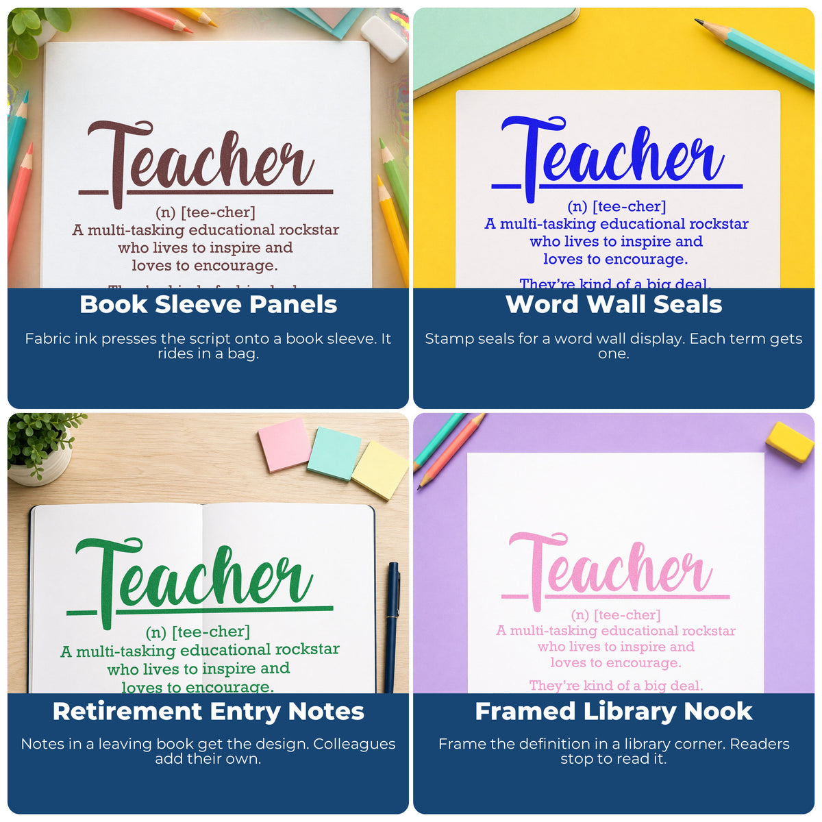 Four ways to use the Teacher Definition Script Lettering PSI Pre-Inked Stamp: book sleeve panels, word wall seals, retirement entry notes and framed library nook.