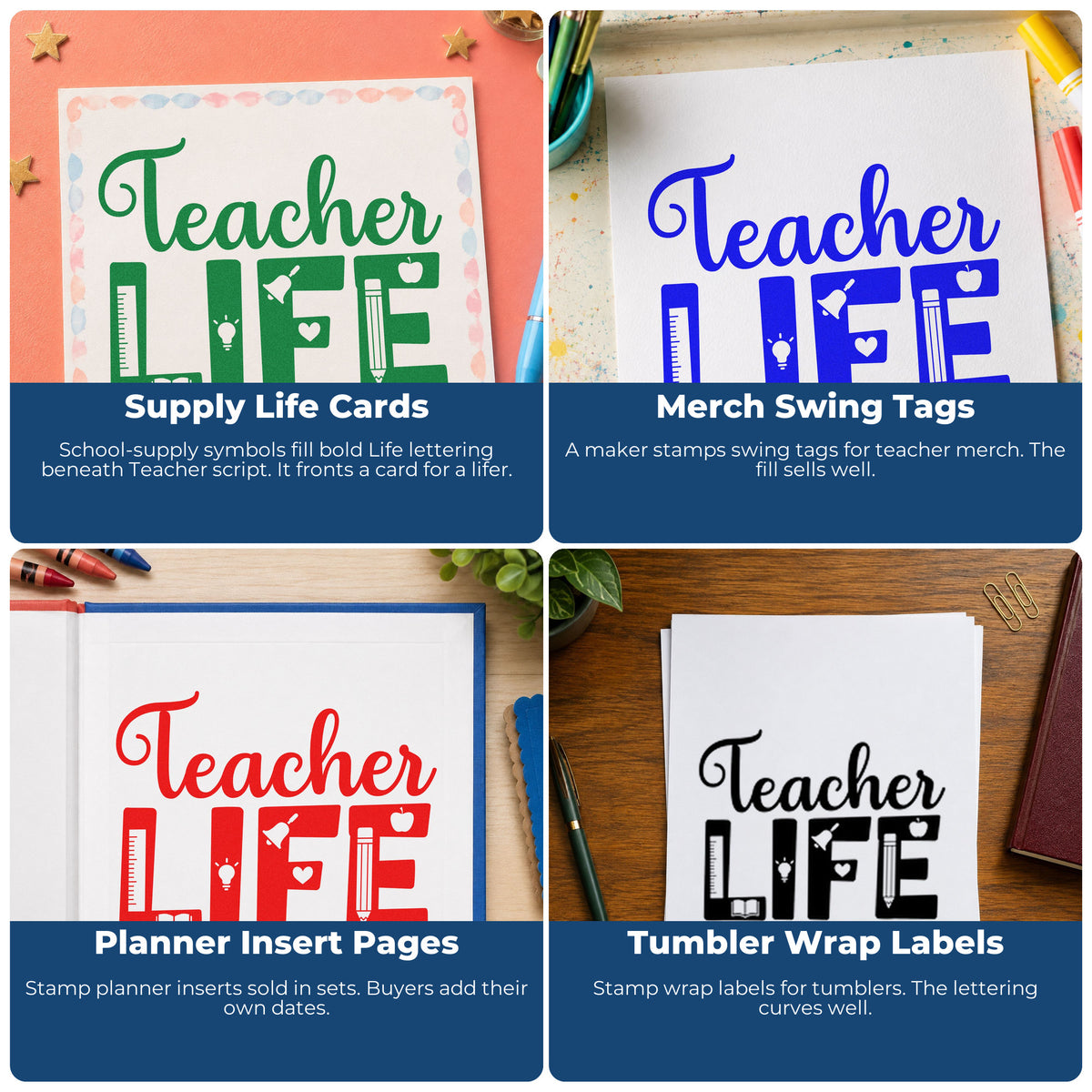 Four ways to use the Teacher Life Supplies Rubber Stamp – Wood Handle: supply life cards, merch swing tags, planner insert pages and tumbler wrap labels.