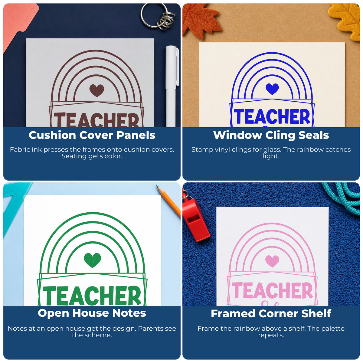 Four ways to use the Teacher Life Rainbow Framed Lettering PSI Pre-Inked Stamp: cushion cover panels, window cling seals, open house notes and framed corner shelf.