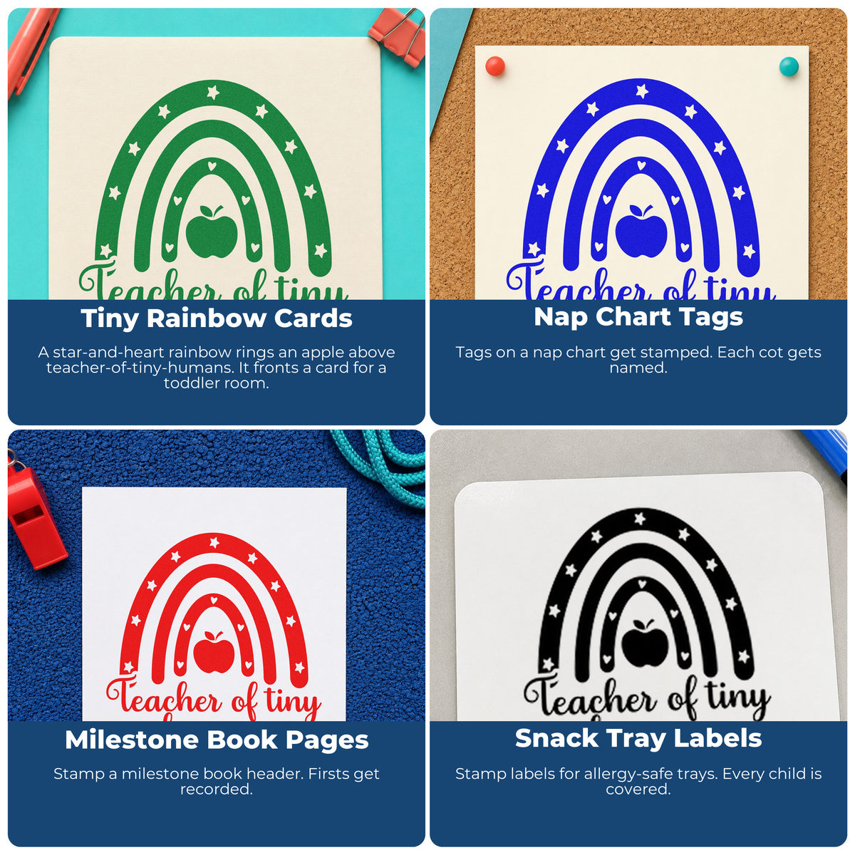Four ways to use the Teacher Of Tiny Humans Rainbow Apple Hand Stamp – Duo: tiny rainbow cards, nap chart tags, milestone book pages and snack tray labels.