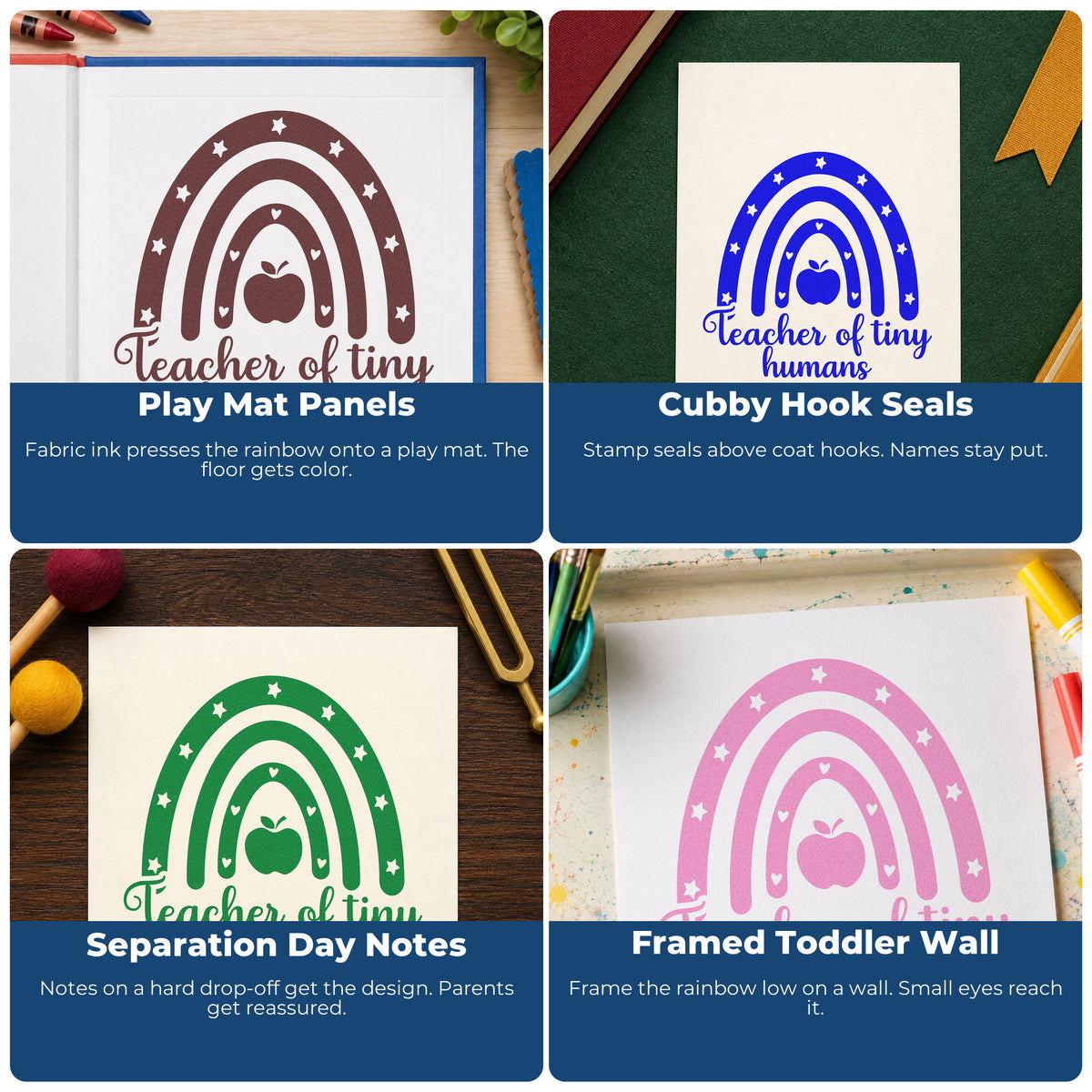 Four ways to use the Teacher Of Tiny Humans Rainbow Apple Stamp - Premium Vintage Pro Wooden: play mat panels, cubby hook seals, separation day notes and framed toddler wall.