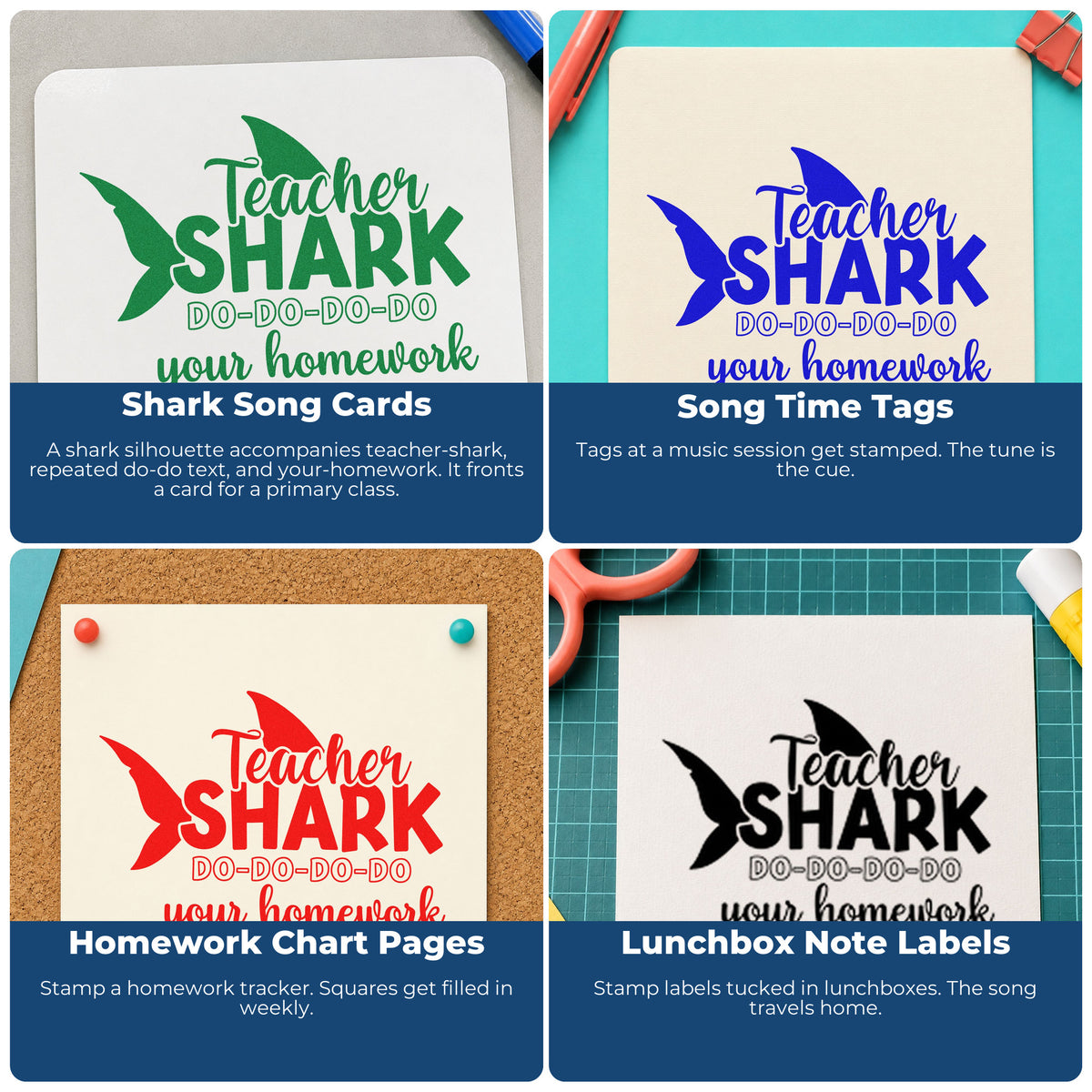 Four ways to use the Teacher Shark Homework Self-Inking Craft Stamp: shark song cards, song time tags, homework chart pages and lunchbox note labels.