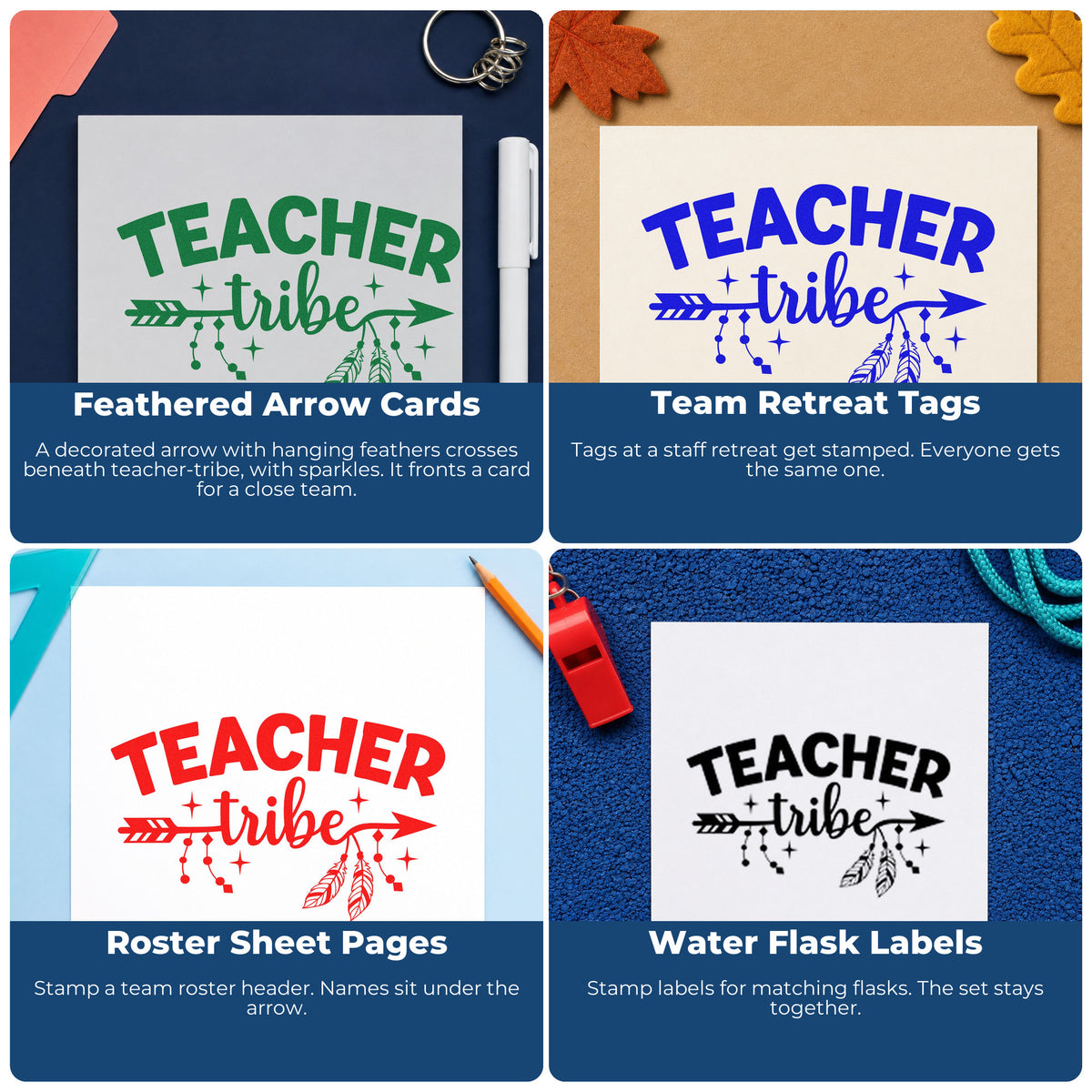 Four ways to use the Teacher Tribe Arrow With Cross PSI Pre-Inked Stamp: feathered arrow cards, team retreat tags, roster sheet pages and water flask labels.