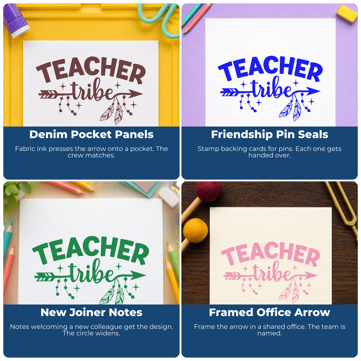 Four ways to use the Teacher Tribe Arrow With Cross PSI Pre-Inked Stamp: denim pocket panels, friendship pin seals, new joiner notes and framed office arrow.