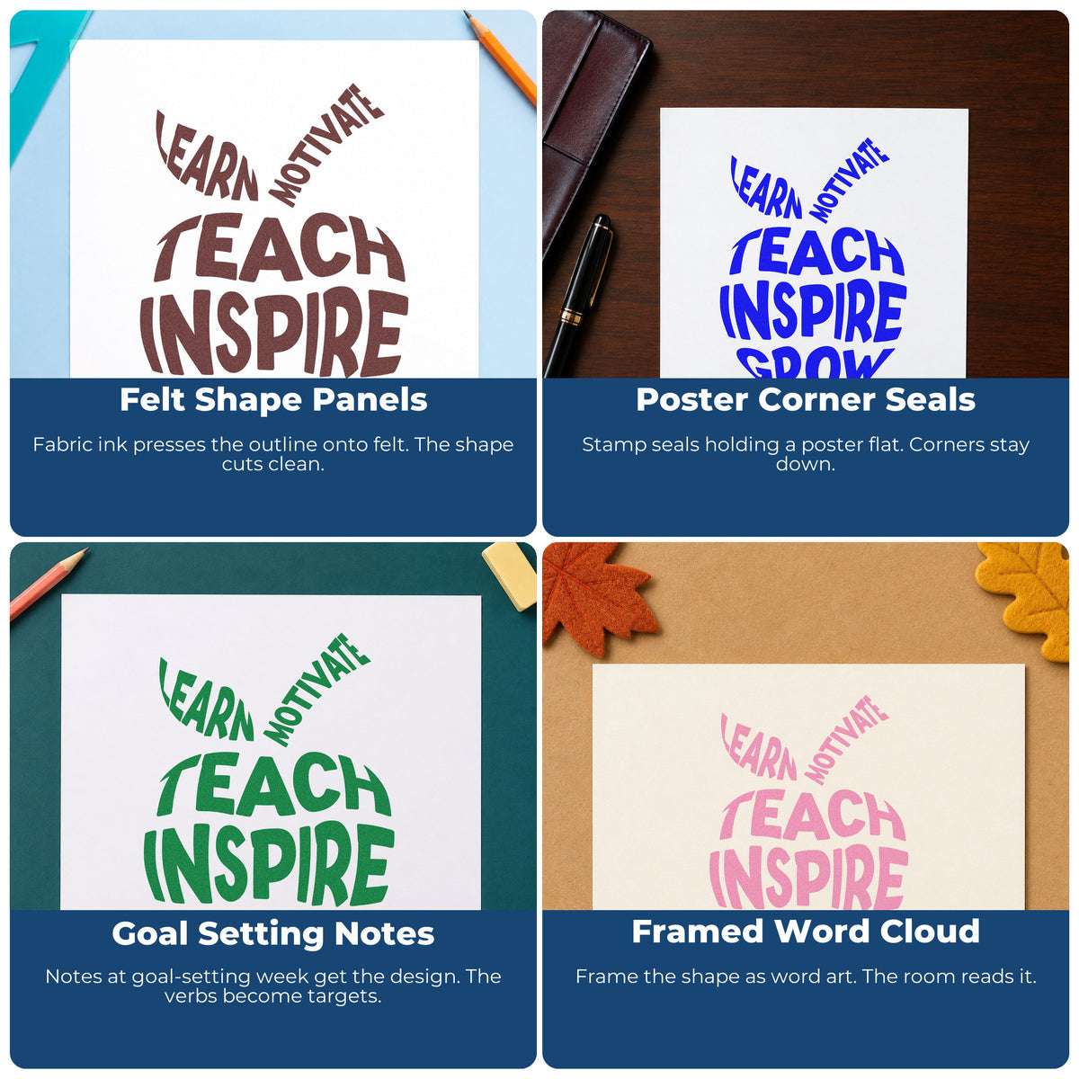 Four ways to use the Teach Inspire Grow Apple Self-Inking Stamp: felt shape panels, poster corner seals, goal setting notes and framed word cloud.