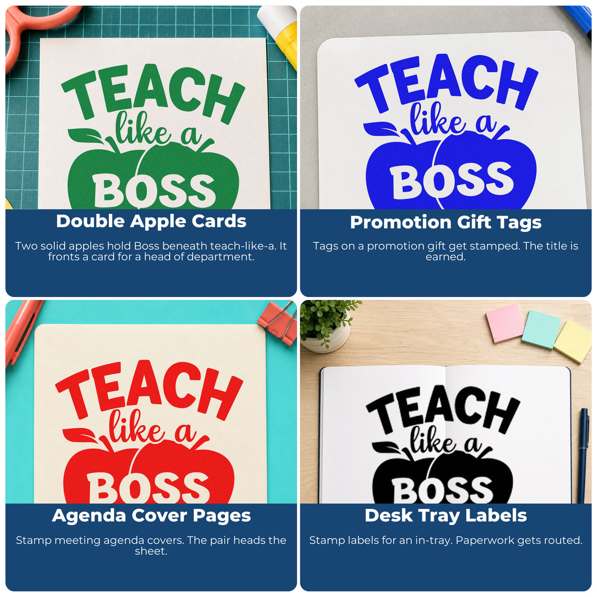 Four ways to use the Teach Like A Boss Apples PSI Pre-Inked Stamp: double apple cards, promotion gift tags, agenda cover pages and desk tray labels.