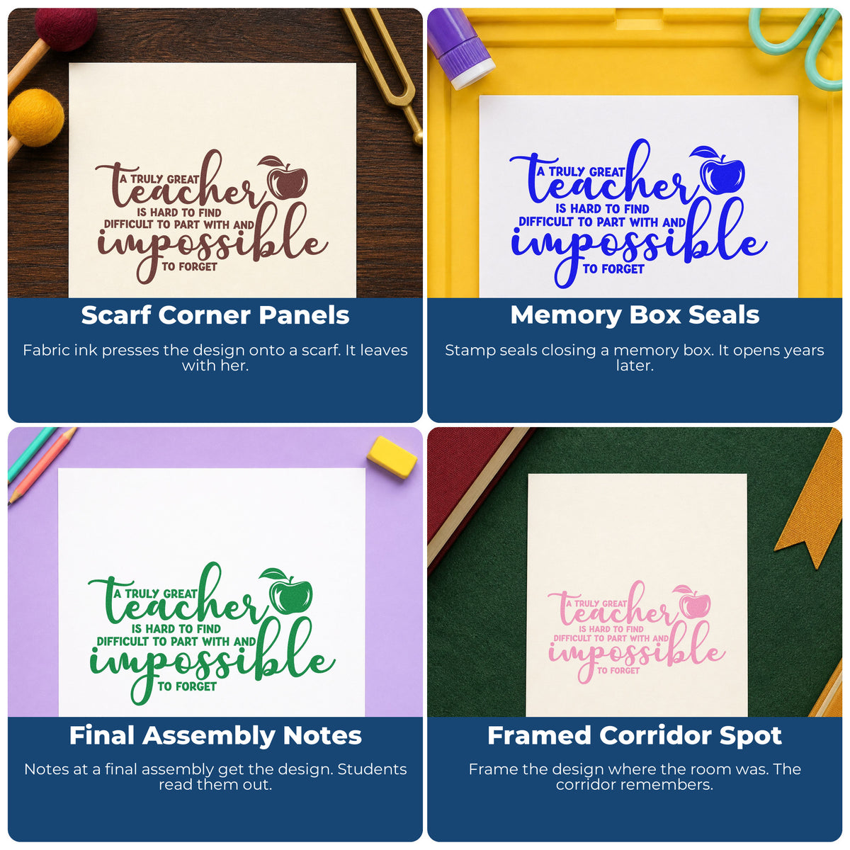 Four ways to use the Truly Great Teacher Apple Tribute Wood Handle Stamp: scarf corner panels, memory box seals, final assembly notes and framed corridor spot.