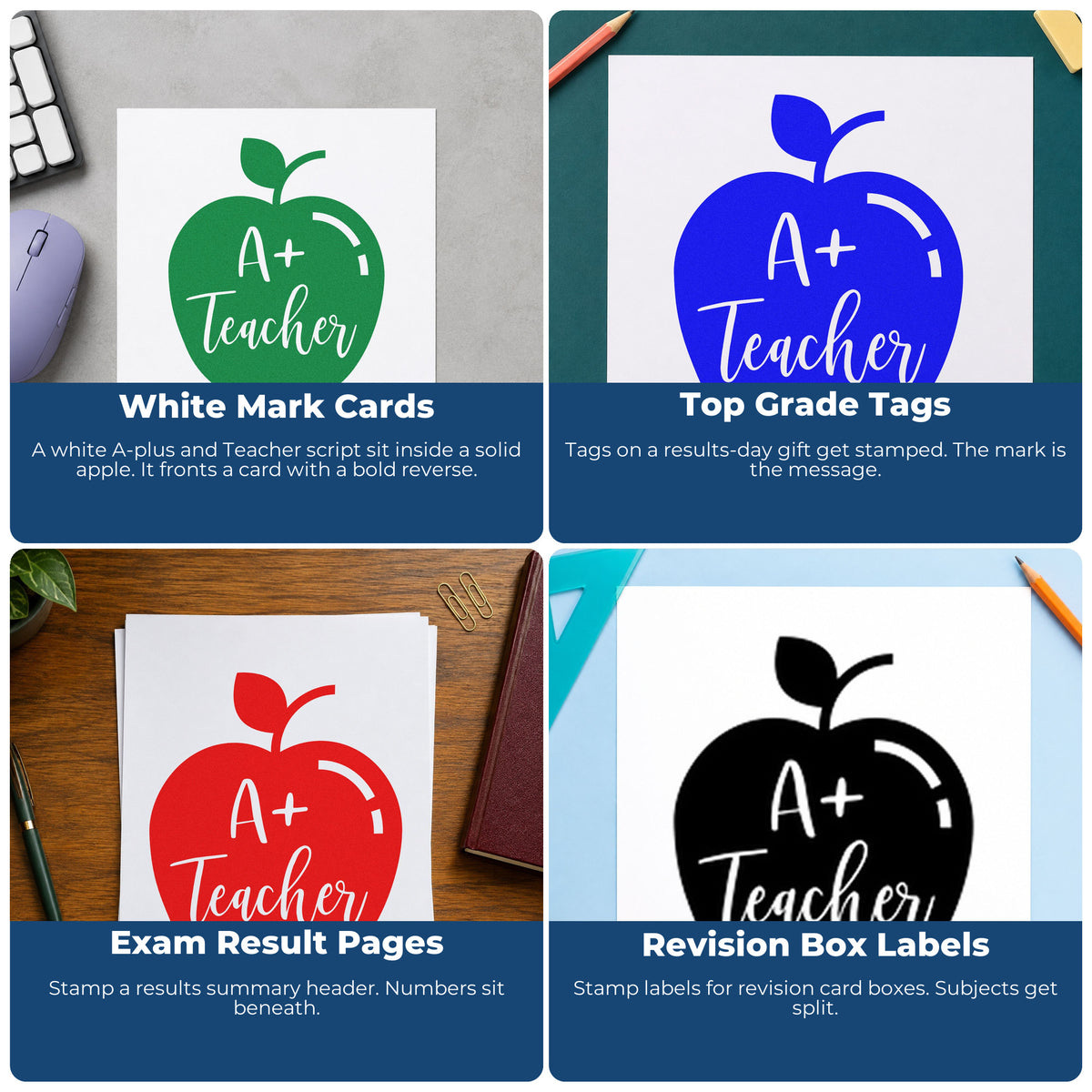 Four ways to use the A Plus Teacher Solid Apple Script Lettering Hand Stamp – Duo: white mark cards, top grade tags, exam result pages and revision box labels.