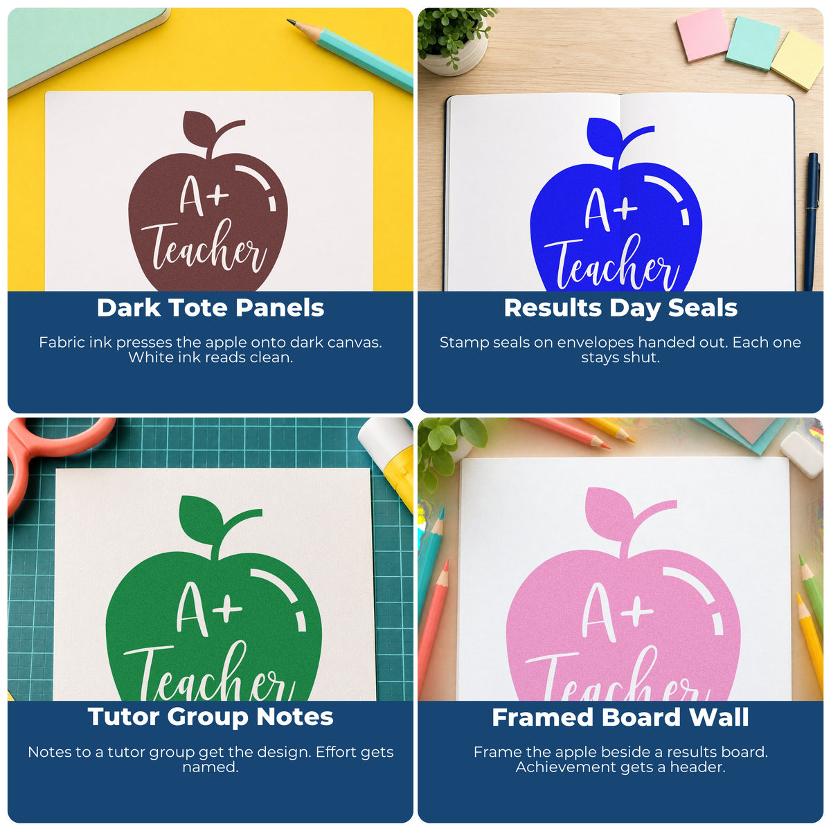 Four ways to use the A Plus Teacher Solid Apple Script Lettering Craft Stamp – Self-Inking: dark tote panels, results day seals, tutor group notes and framed board wall.