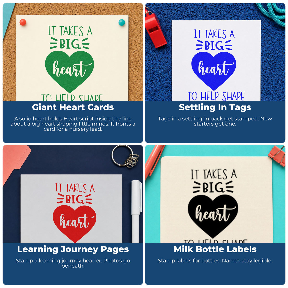 Four ways to use the Big Heart Helps Little Minds Script Lettering Pre-Inked Stamp – Slim: giant heart cards, settling in tags, learning journey pages and milk bottle labels.