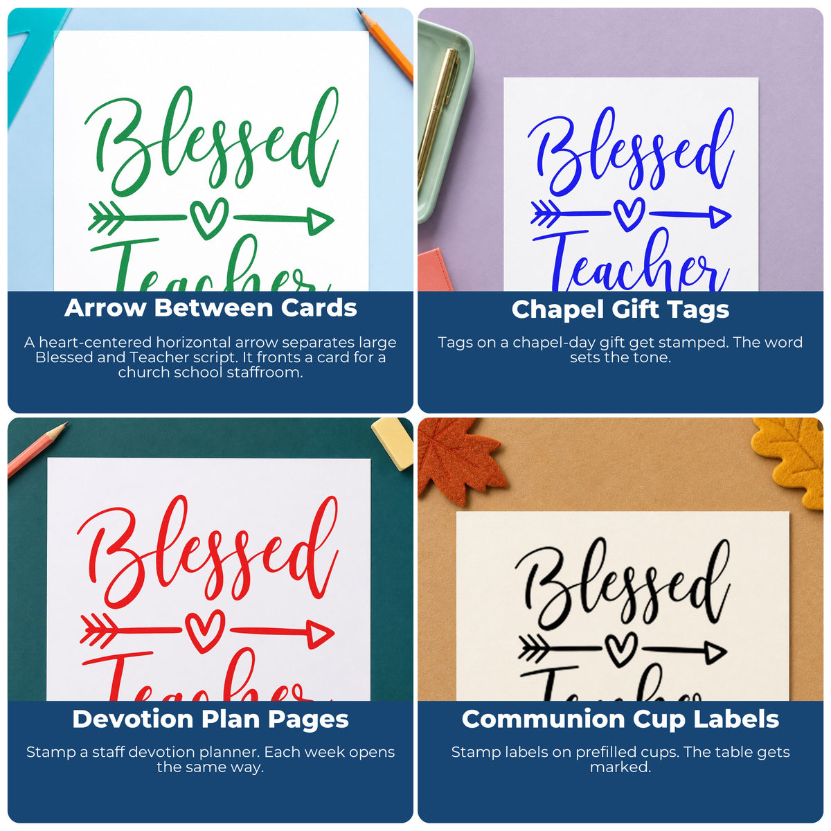 Four ways to use the Blessed Teacher Heart Arrow Rubber Stamp – Wood Handle: arrow between cards, chapel gift tags, devotion plan pages and communion cup labels.
