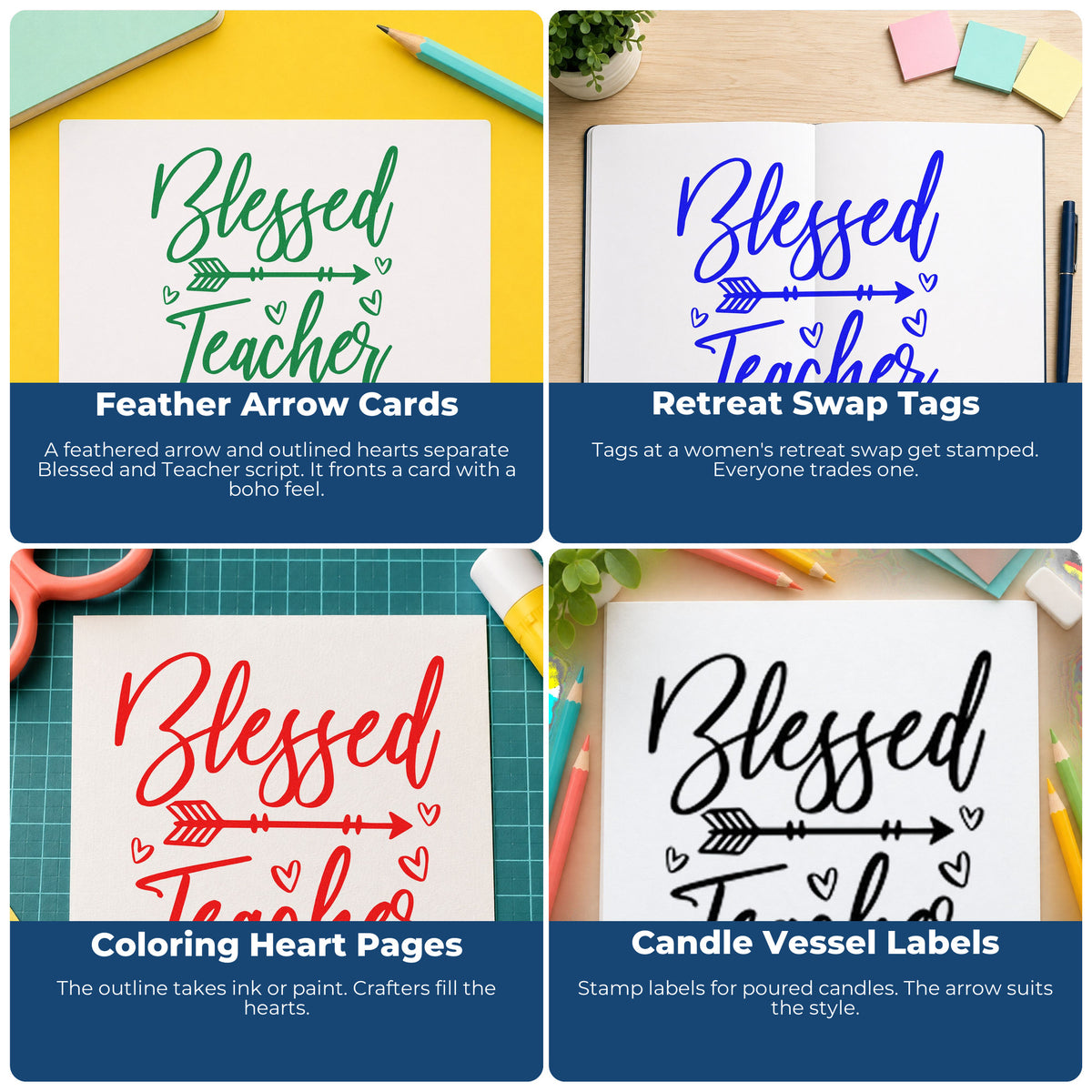 Four ways to use the Blessed Teacher Feather Arrow With Hearts Hand Stamp – Duo: feather arrow cards, retreat swap tags, coloring heart pages and candle vessel labels.