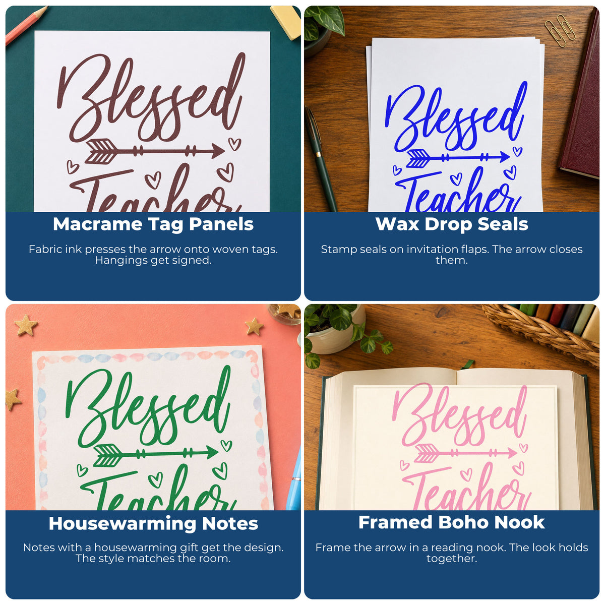 Four ways to use the Blessed Teacher Feather Arrow With Hearts PSI Pre-Inked Stamp: macrame tag panels, wax drop seals, housewarming notes and framed boho nook.