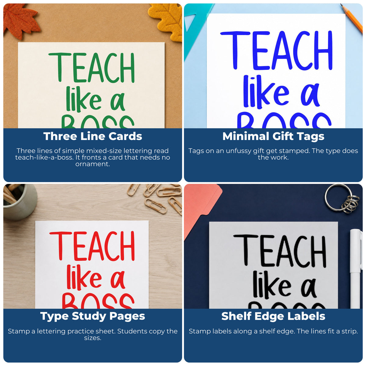 Four ways to use the Pre-Inked Teach Like A Boss Stacked Lettering Stamp – PSI: three line cards, minimal gift tags, type study pages and shelf edge labels.