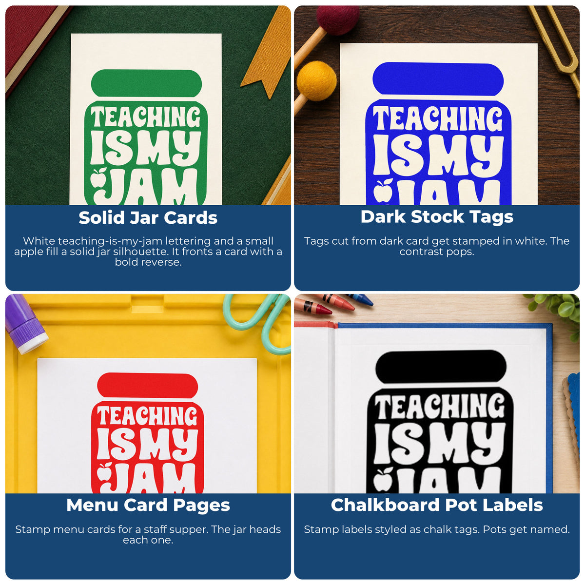 Four ways to use the Teaching Is My Jam Solid Jar Apple Rubber Stamp – Wood Handle: solid jar cards, dark stock tags, menu card pages and chalkboard pot labels.