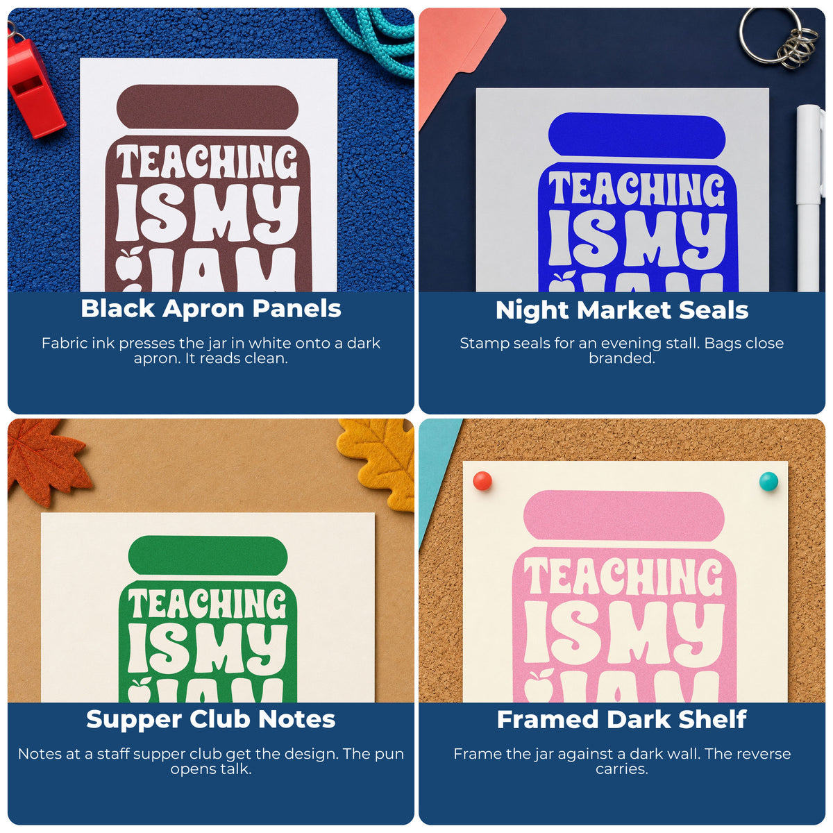 Four ways to use the Teaching Is My Jam Solid Jar Apple Rubber Stamp – Wood Handle: black apron panels, night market seals, supper club notes and framed dark shelf.