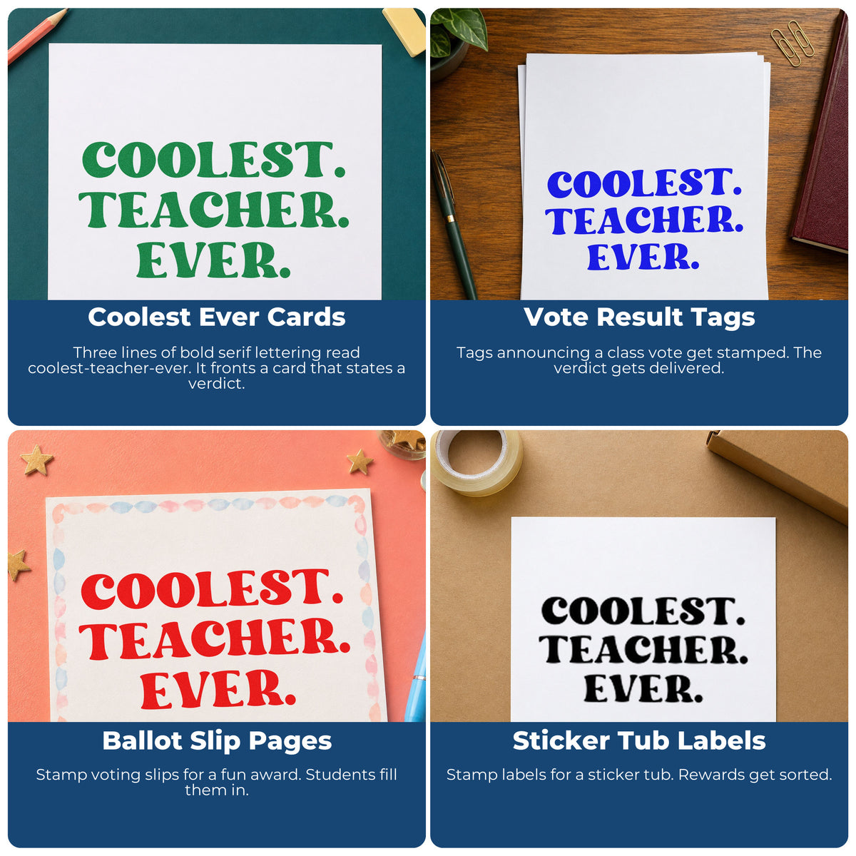 Teacher rubber stamps for grading, parent communication, student rewards, and homework folders in classroom organization.