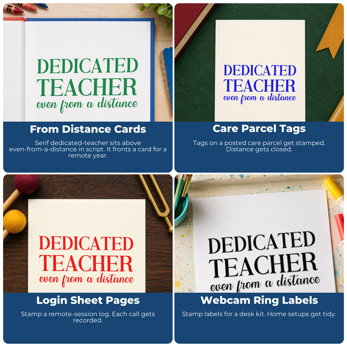 Four ways to use the Vintage Pro Dedicated Teacher From A Distance Premium Wooden Stamp: from distance cards, care parcel tags, login sheet pages and webcam ring labels.