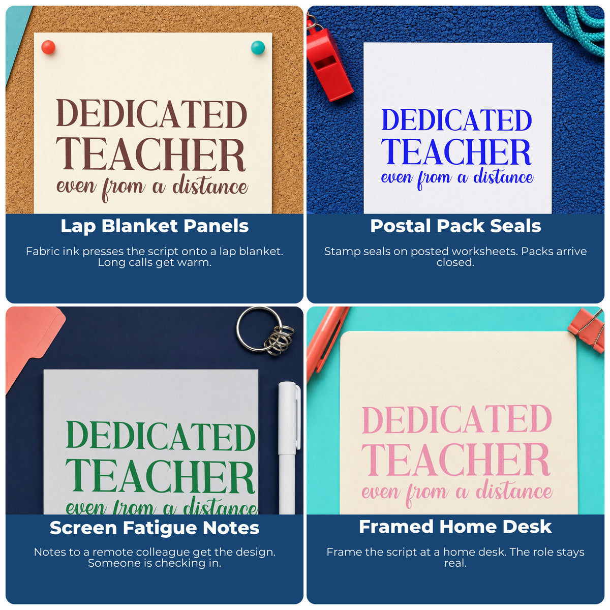 Four ways to use the Dedicated Teacher From A Distance Stamp – PSI Pre-Inked: lap blanket panels, postal pack seals, screen fatigue notes and framed home desk.