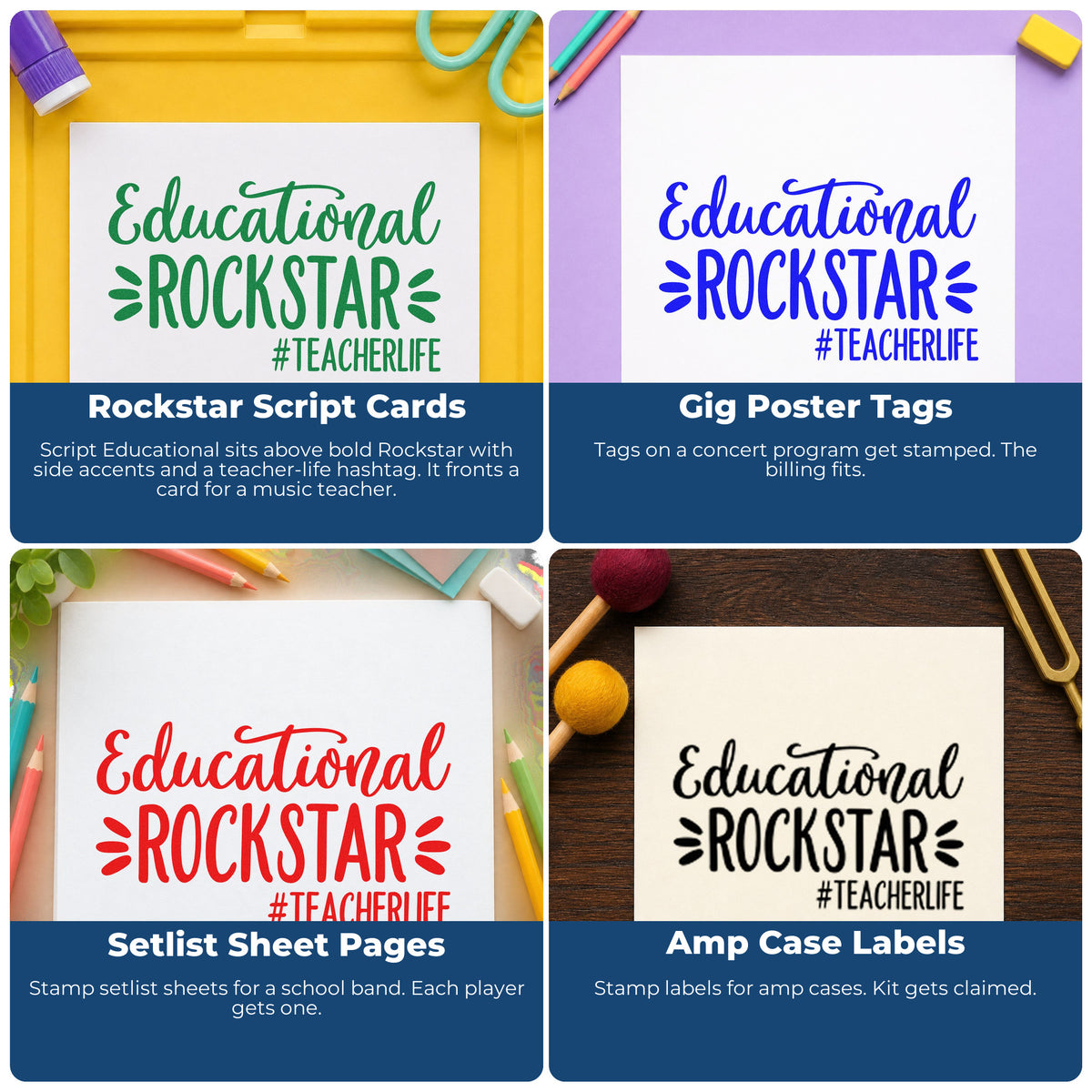 Four ways to use the Educational Rockstar Teacher Life Self-Inking Craft Stamp: rockstar script cards, gig poster tags, setlist sheet pages and amp case labels.