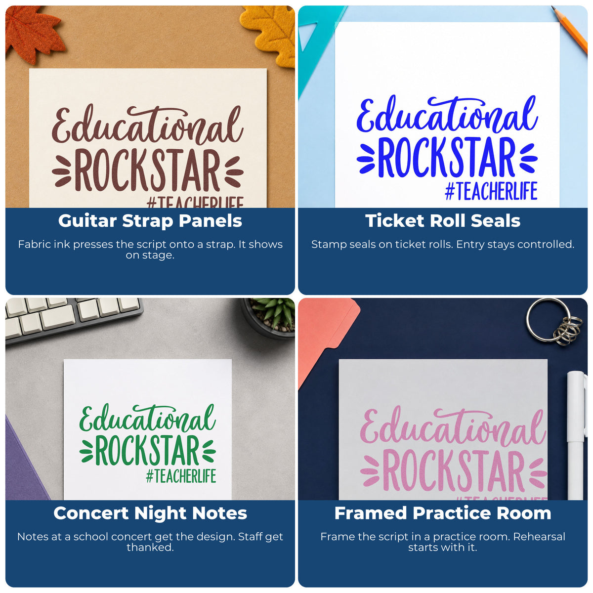 Four ways to use the Educational Rockstar Teacher Life Pre-Inked Stamp – PSI: guitar strap panels, ticket roll seals, concert night notes and framed practice room.