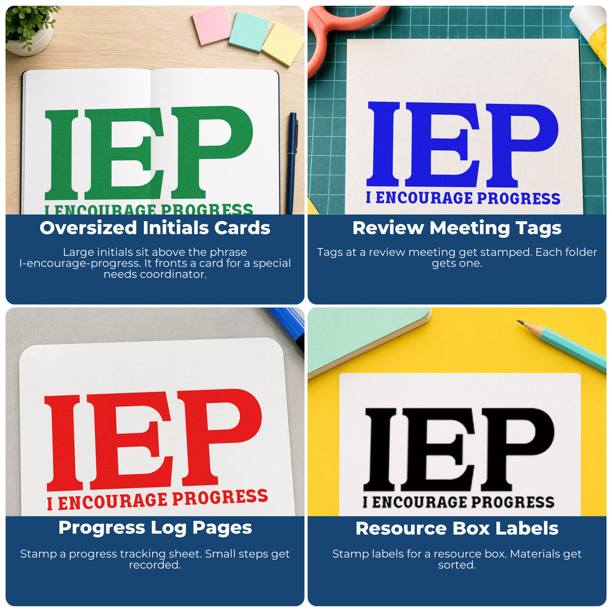 Four ways to use the IEP I Encourage Progress Stamp - Premium Vintage Pro Wooden: oversized initials cards, review meeting tags, progress log pages and resource box labels.