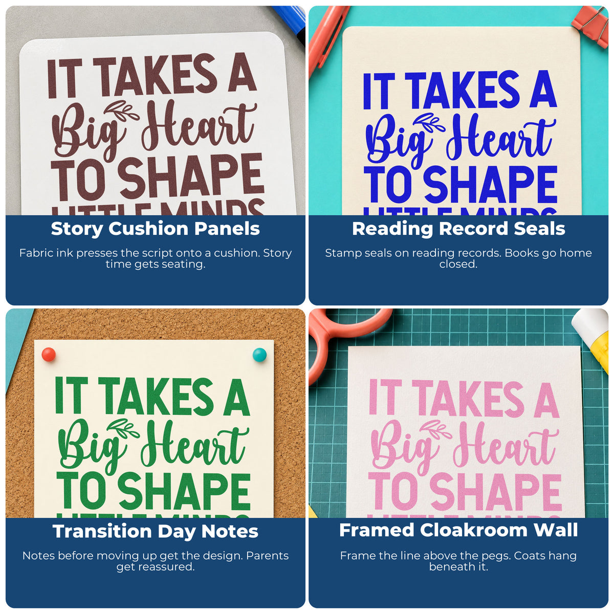 Four ways to use the Duo Hand It Takes A Big Heart To Shape Little Minds Rubber Stamp: story cushion panels, reading record seals, transition day notes and framed cloakroom wall.