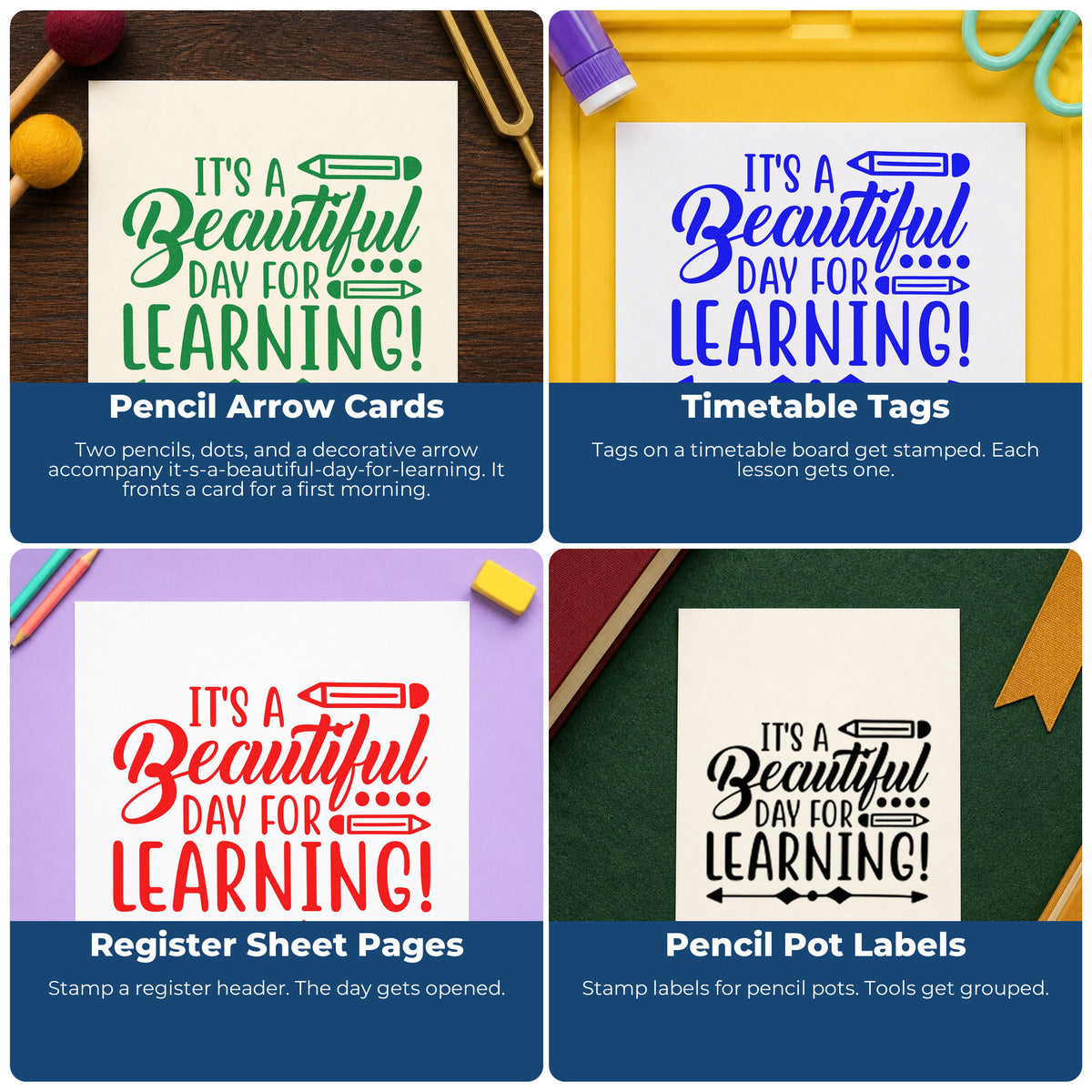 Four ways to use the Beautiful Day For Learning Hand Stamp – Duo: pencil arrow cards, timetable tags, register sheet pages and pencil pot labels.