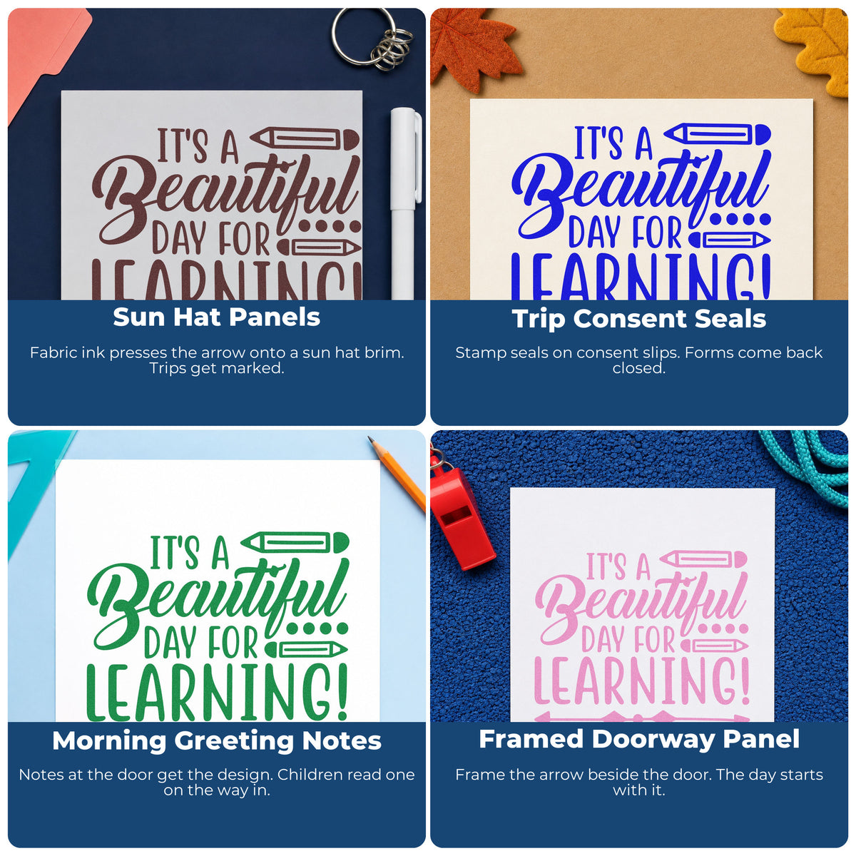 Four ways to use the Beautiful Day For Learning Stamp - Premium Vintage Pro Wooden: sun hat panels, trip consent seals, morning greeting notes and framed doorway panel.