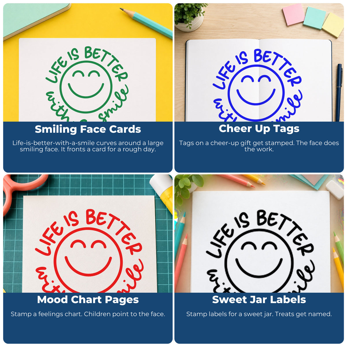 Four ways to use the Life Is Better With A Smile Slim Pre-Inked Stamp: smiling face cards, cheer up tags, mood chart pages and sweet jar labels.