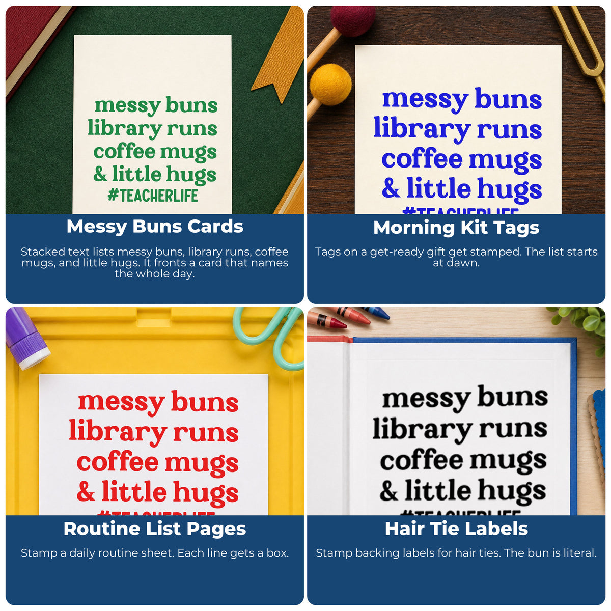 Four ways to use the Messy Buns Library Runs Self-Inking Craft Stamp: messy buns cards, morning kit tags, routine list pages and hair tie labels.