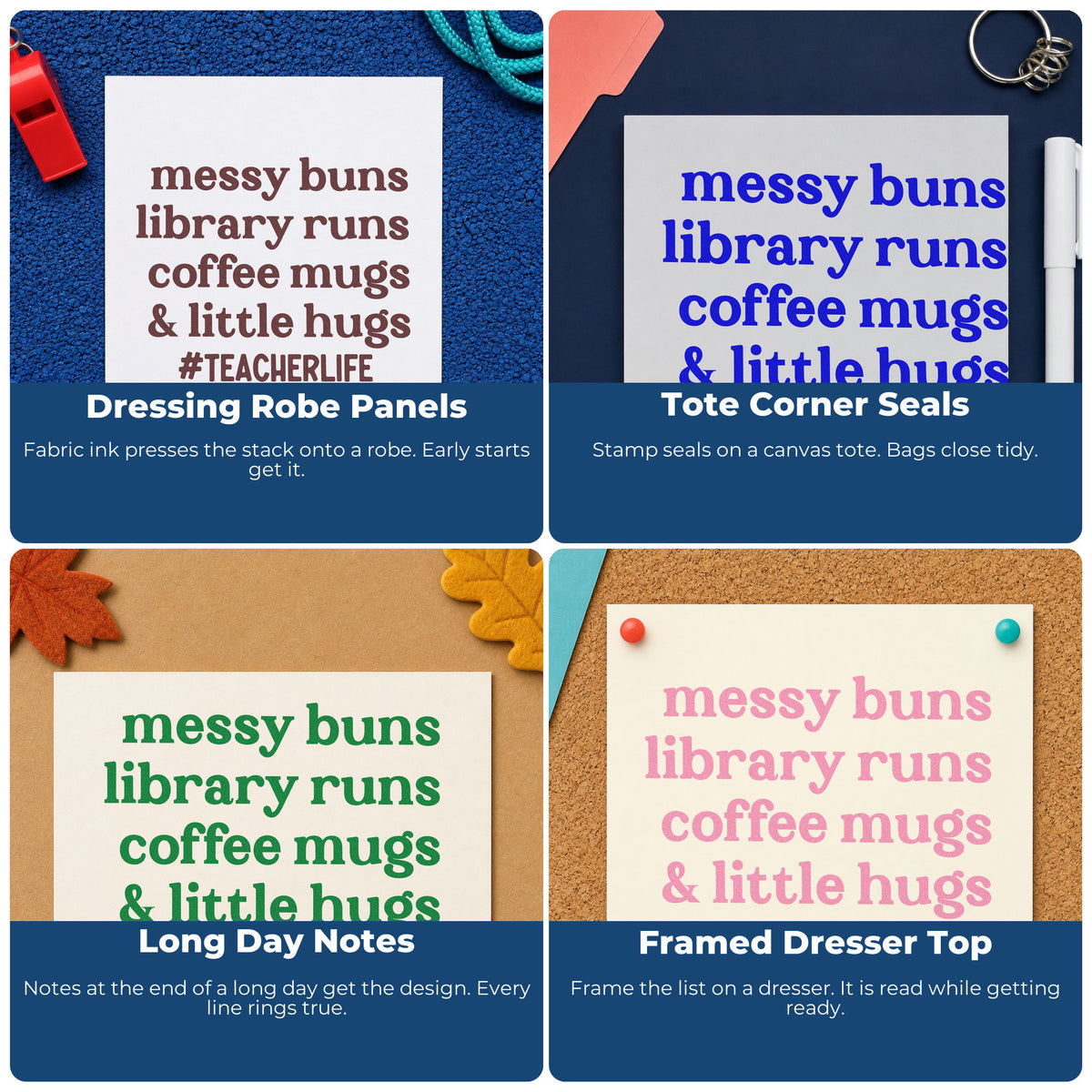 Four ways to use the Messy Buns Library Runs Self-Inking Craft Stamp: dressing robe panels, tote corner seals, long day notes and framed dresser top.