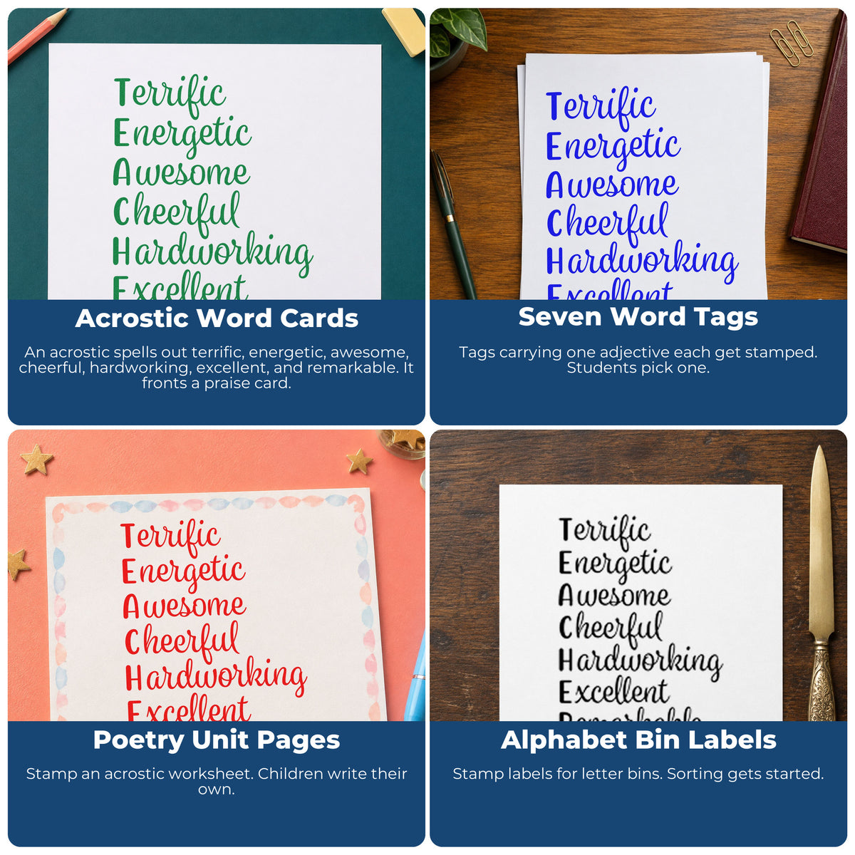 Four ways to use the Teacher Positive Traits Word Ladder Slim Pre-Inked Stamp: acrostic word cards, seven word tags, poetry unit pages and alphabet bin labels.