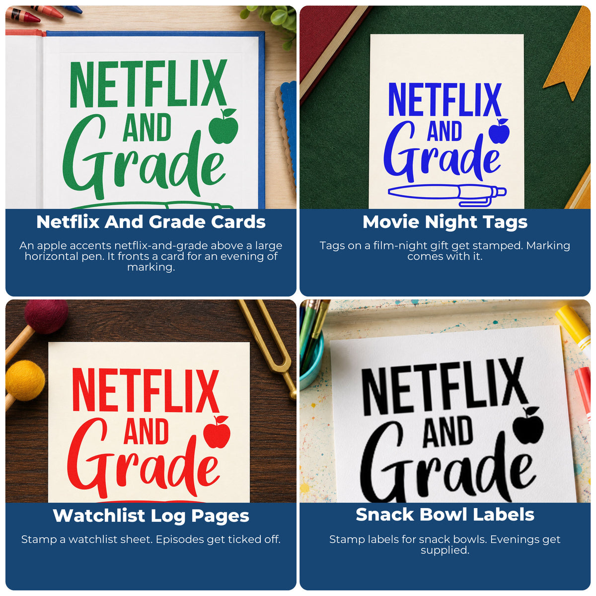 Four ways to use the Netflix And Grade Apple And Pen Stamp – Self-Inking: netflix and grade cards, movie night tags, watchlist log pages and snack bowl labels.