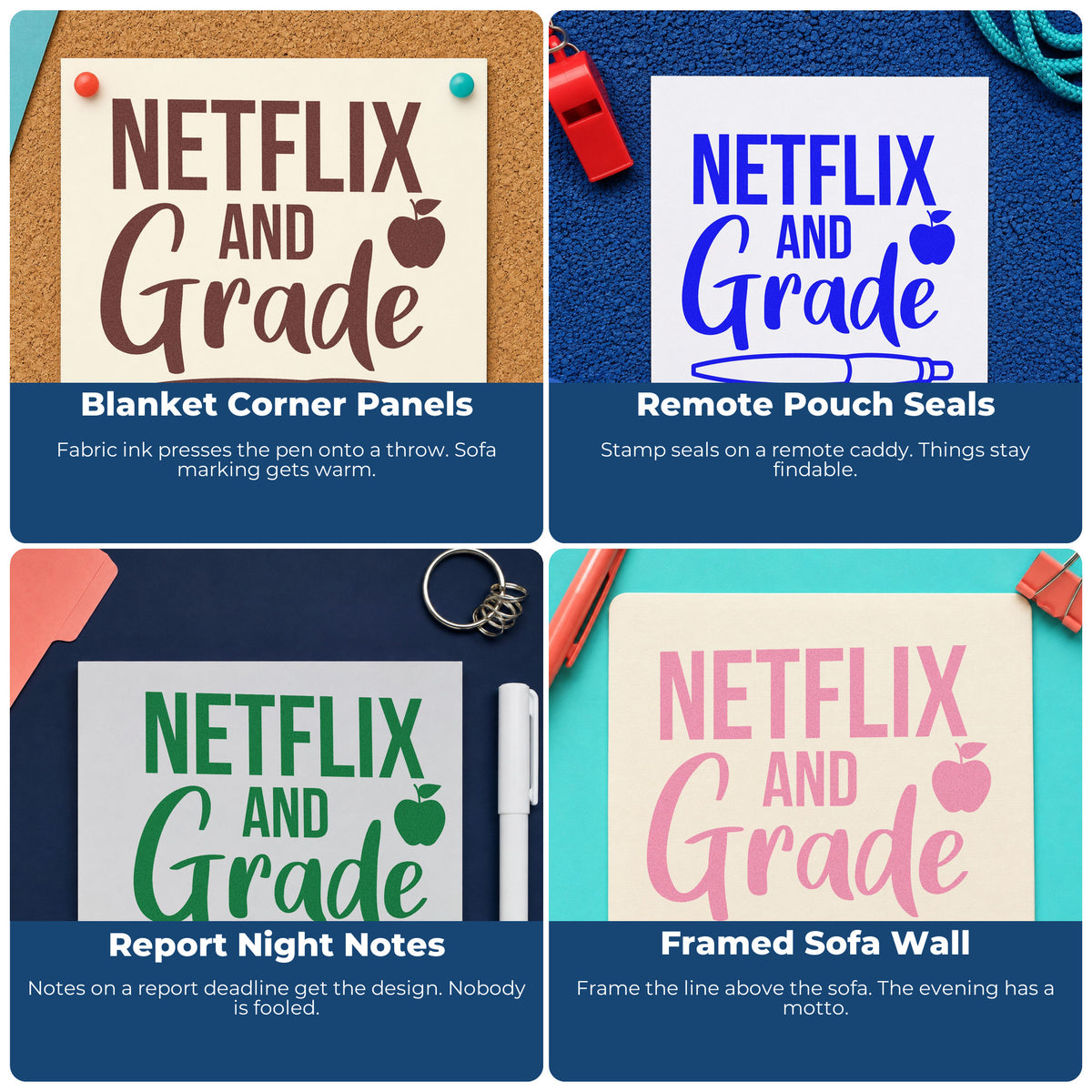Four ways to use the Premium Wooden Netflix And Grade Apple And Pen Stamp - Vintage Pro: blanket corner panels, remote pouch seals, report night notes and framed sofa wall.