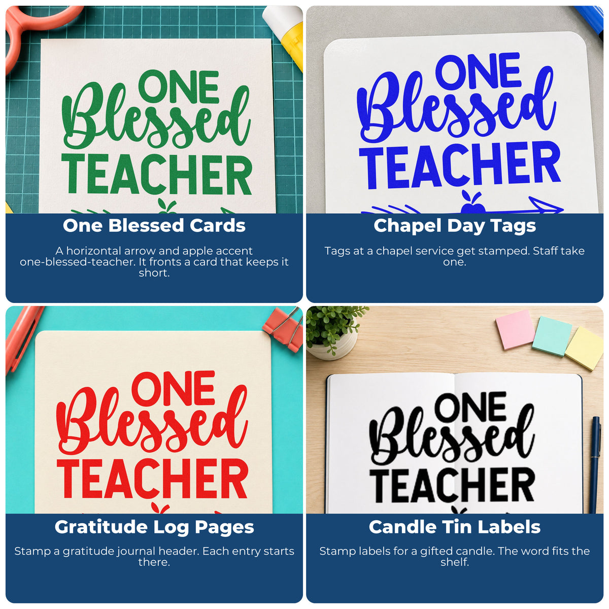 Four ways to use the One Blessed Teacher Apple Arrow Pre-Inked Stamp – Slim: one blessed cards, chapel day tags, gratitude log pages and candle tin labels.